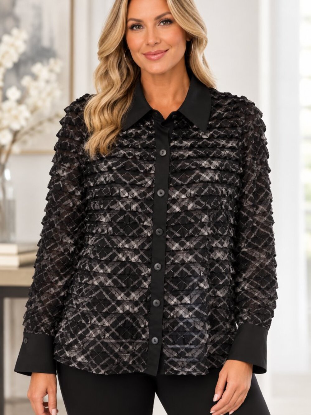 Melanie Lyne 8 Black Layered Textured Button Front Long Sleeve Collared Shirt